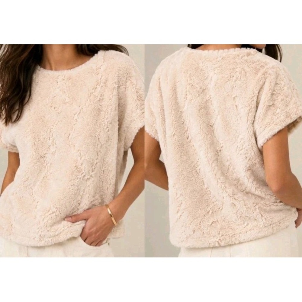 Maeve Anthropologie Faux Fur Tee Women's XS Cream Short Sleeve Plush Top